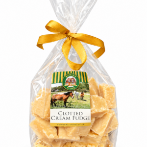 500g bag of handmade Clotted Cream Fudge with gold ribbon and Burley Fudge Shop label.